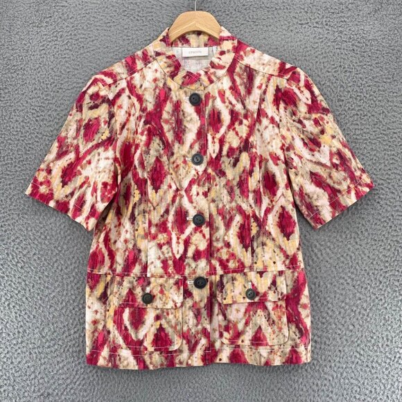 Chicos Jacket Womens 0 US Small Red Multi Linen Blend Short Sleeves Button Up - Picture 1 of 9